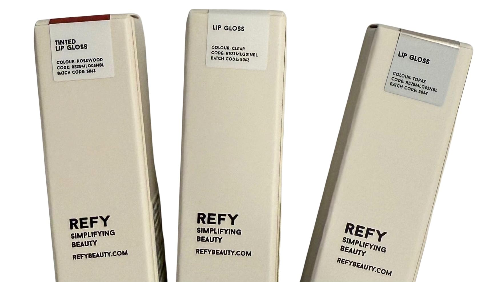 REFY Mini Lip Gloss Trio – Clear, Rosewood & Topaz | Hydrating Non-Sticky Shine