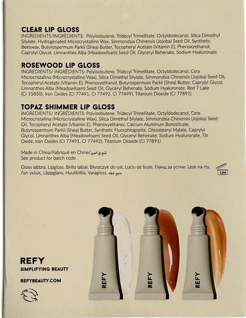 REFY Mini Lip Gloss Trio – Clear, Rosewood & Topaz | Hydrating Non-Sticky Shine