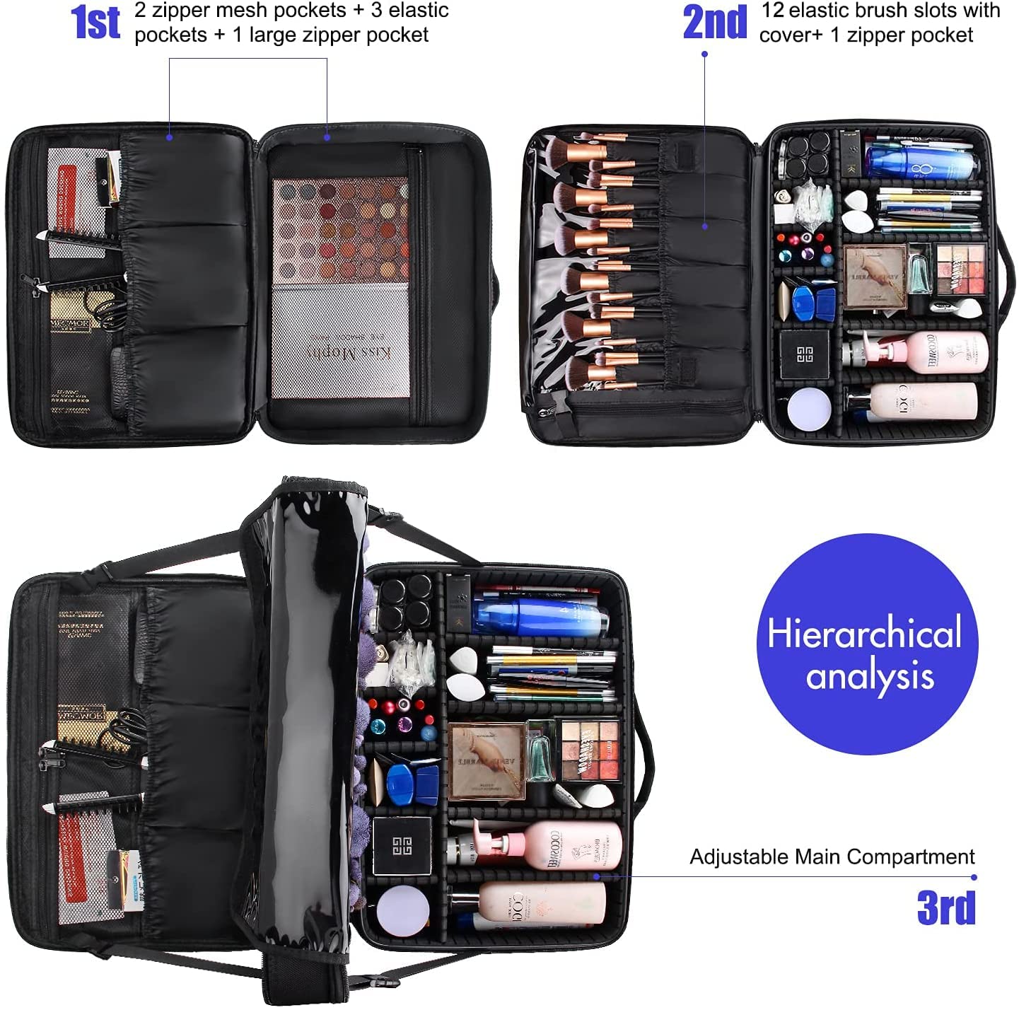 Relavel Extra Large Makeup Case – Premium Travel Train Case with Adjustable Dividers