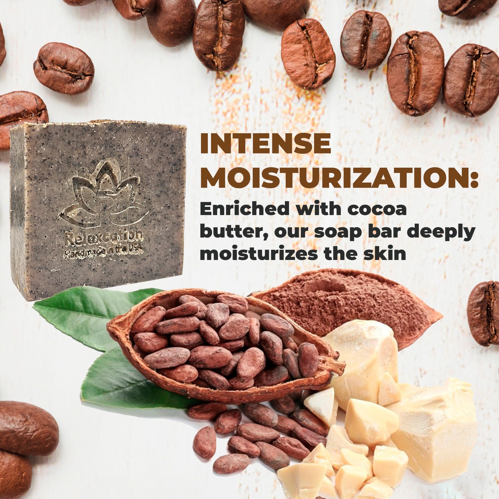 Relaxcation 100% Handmade Coffee Scrub Soap Bar – Ground Coffee & Cocoa Butter, Latte Aroma (3 Bars)