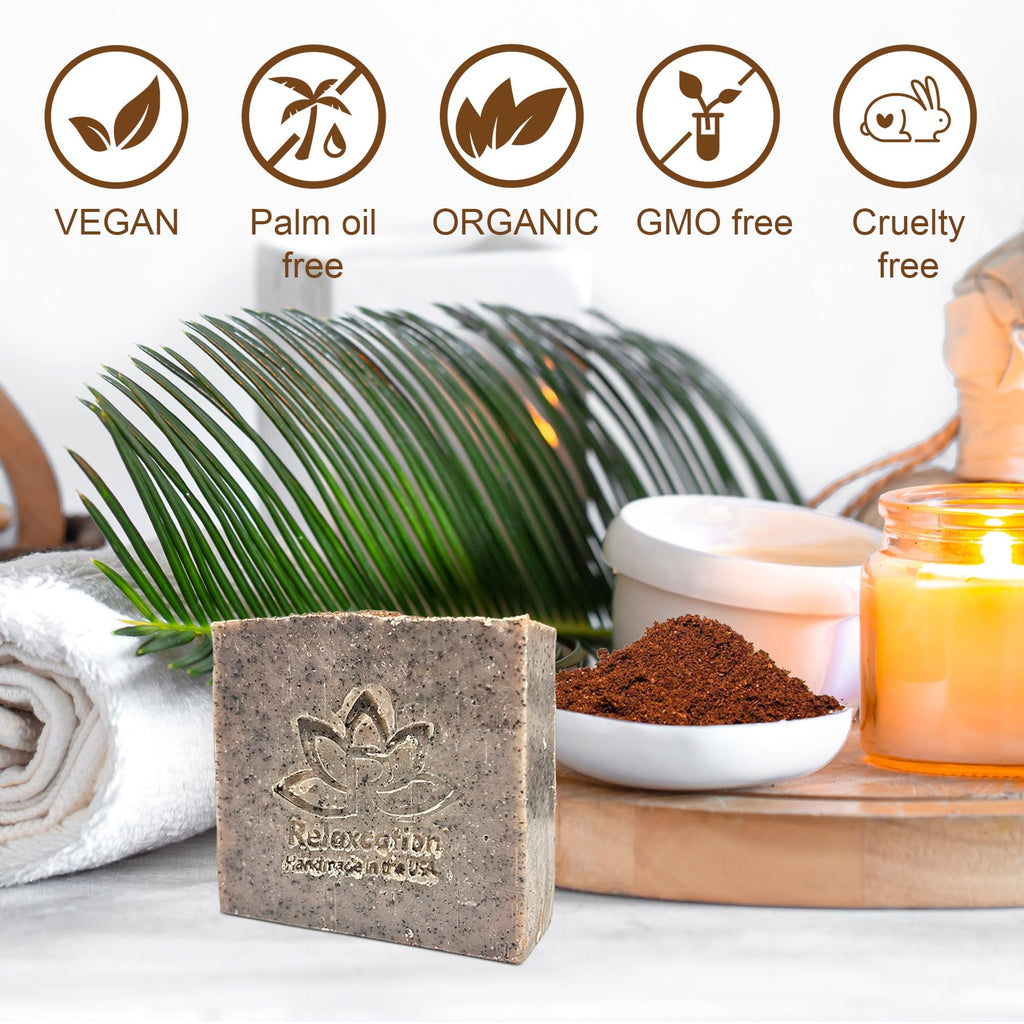 Relaxcation 100% Handmade Coffee Scrub Soap Bar – Ground Coffee & Cocoa Butter, Latte Aroma (3 Bars)