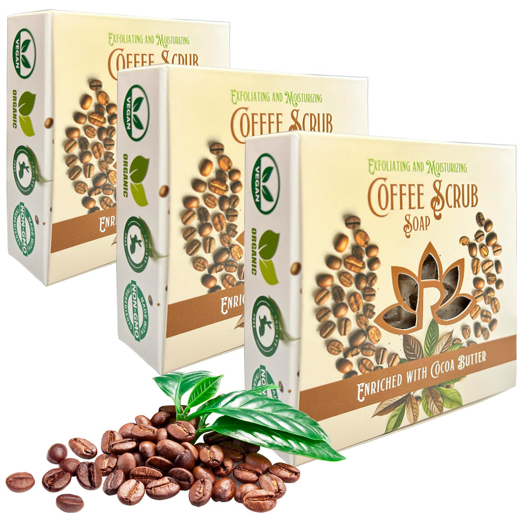 Relaxcation 100% Handmade Coffee Scrub Soap Bar – Ground Coffee & Cocoa Butter, Latte Aroma (3 Bars)