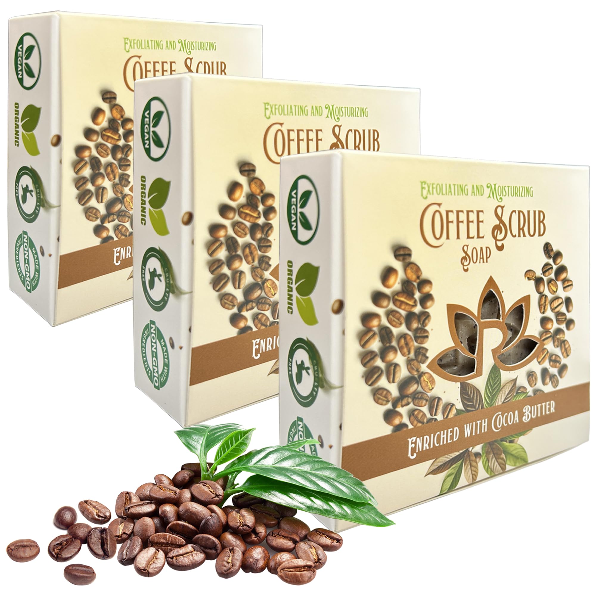 Relaxcation 100% Handmade Coffee Scrub Soap Bar – Ground Coffee & Cocoa Butter, Latte Aroma (3 Bars)