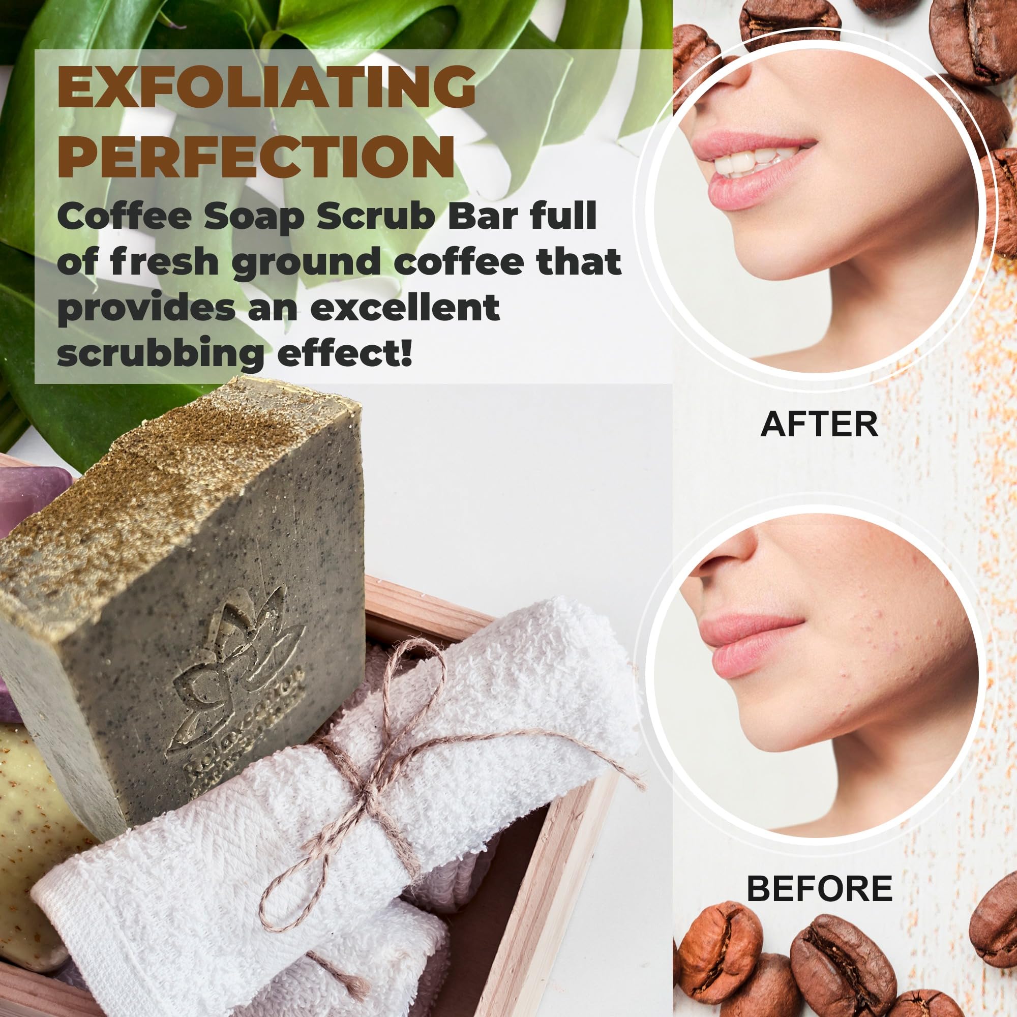 Relaxcation 100% Handmade Coffee Scrub Soap Bar – Ground Coffee & Cocoa Butter, Latte Aroma (3 Bars)