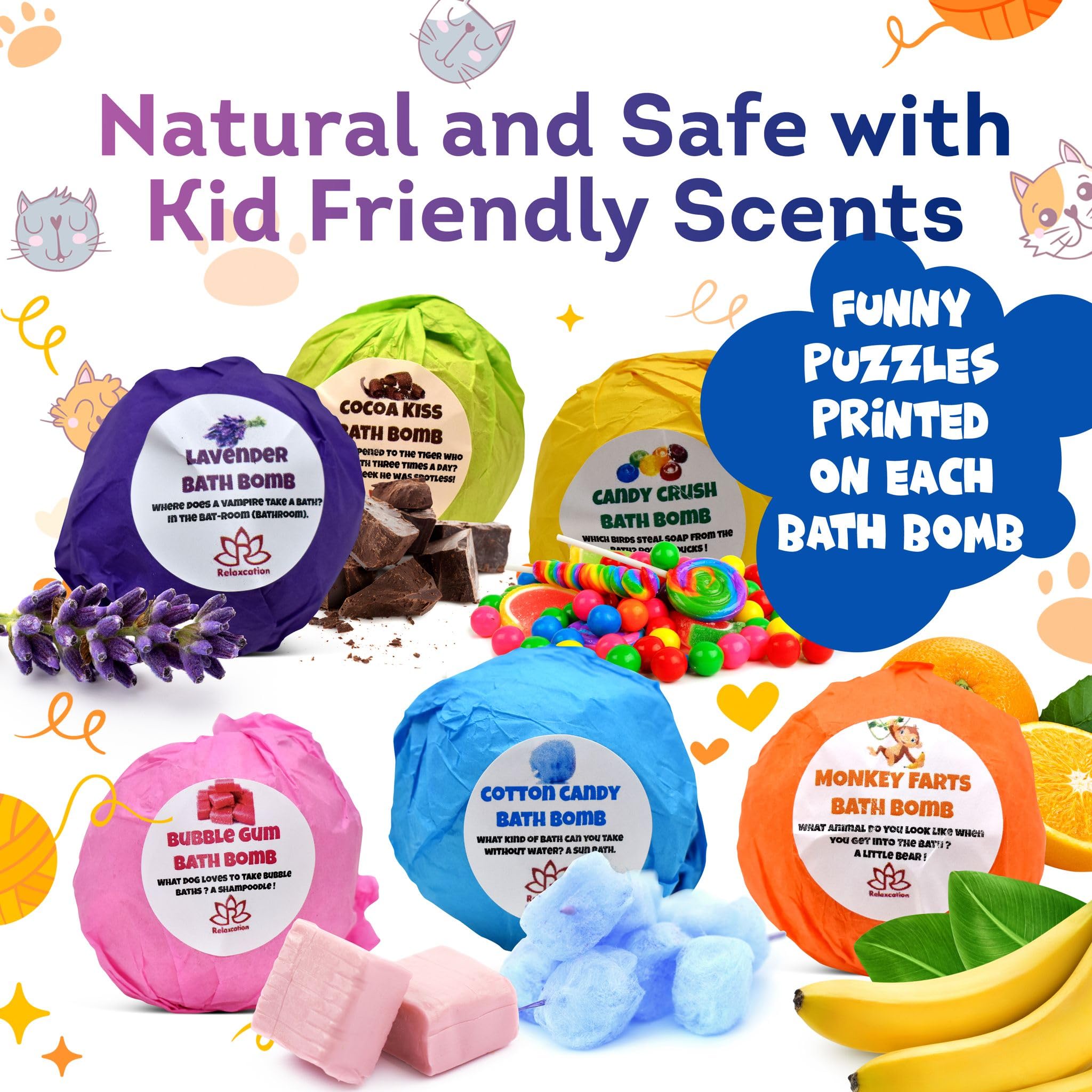 Relaxcation Bath Bombs for Kids Set with Toys Inside – Cat Theme