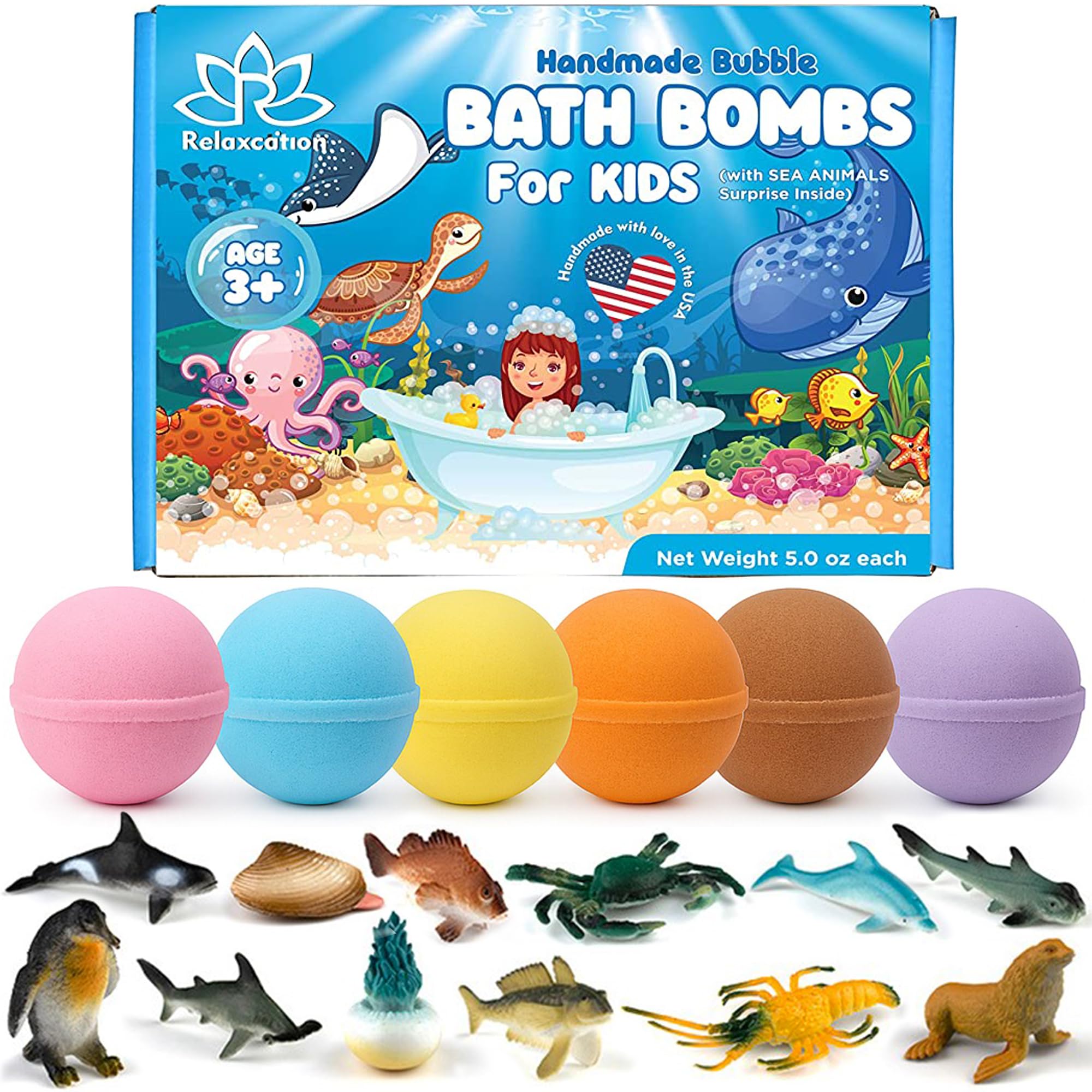 Relaxcation Made-in-USA Kids Bath Bombs with Toys Inside – 36 Ocean Toys Gift Set