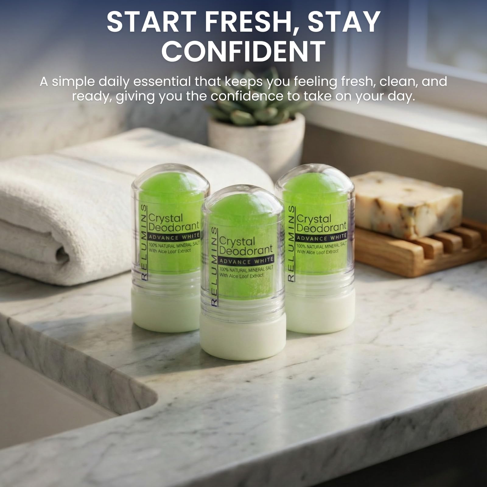 Relumins Aloe Vera Crystal Deodorant – Aluminum-Free Mineral Salt Roll-On, 60g x 3