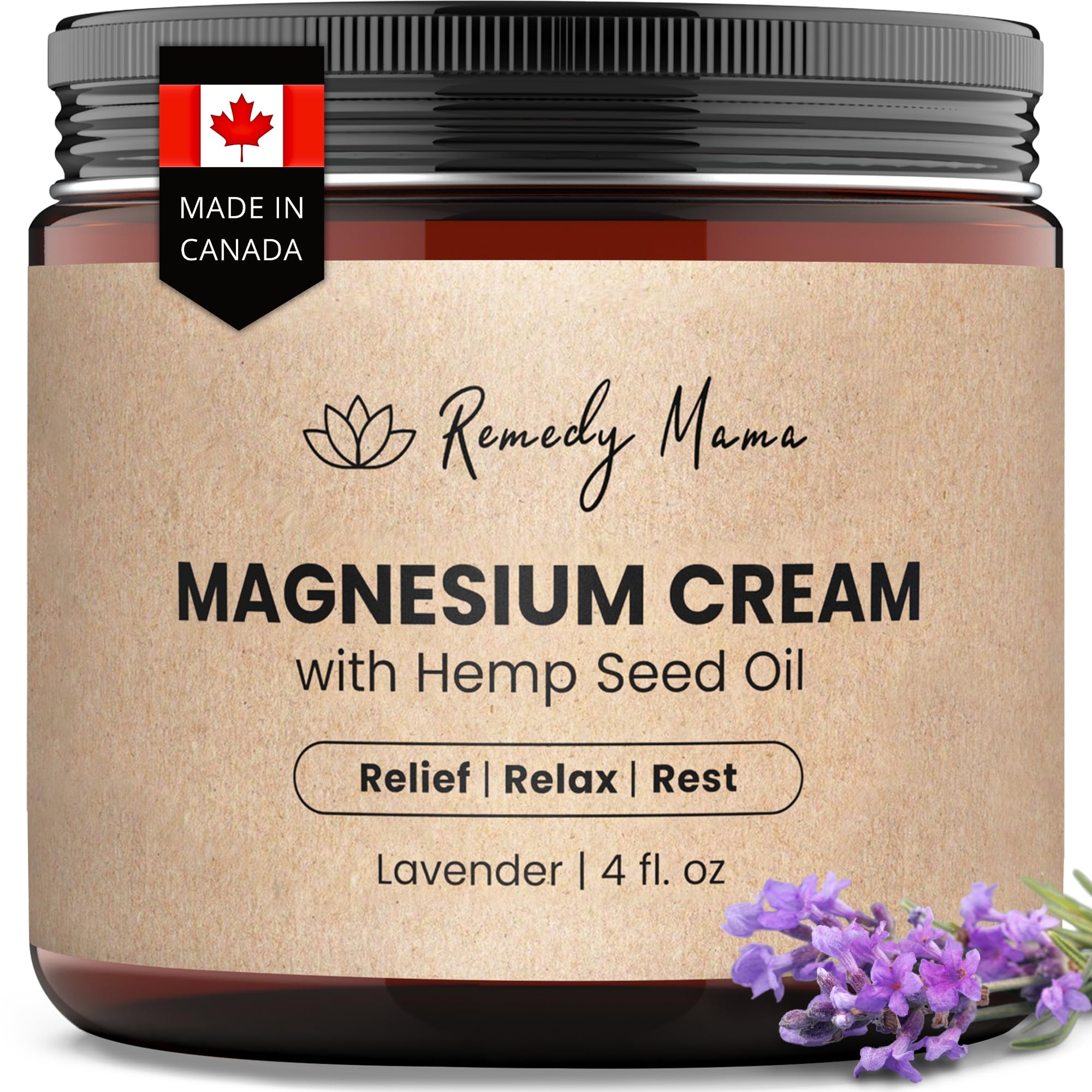 Remedy Mama Magnesium Cream for Sleep, Cramps & Muscle Soreness – Lavender, 4oz Glass Jar – Made in Canada