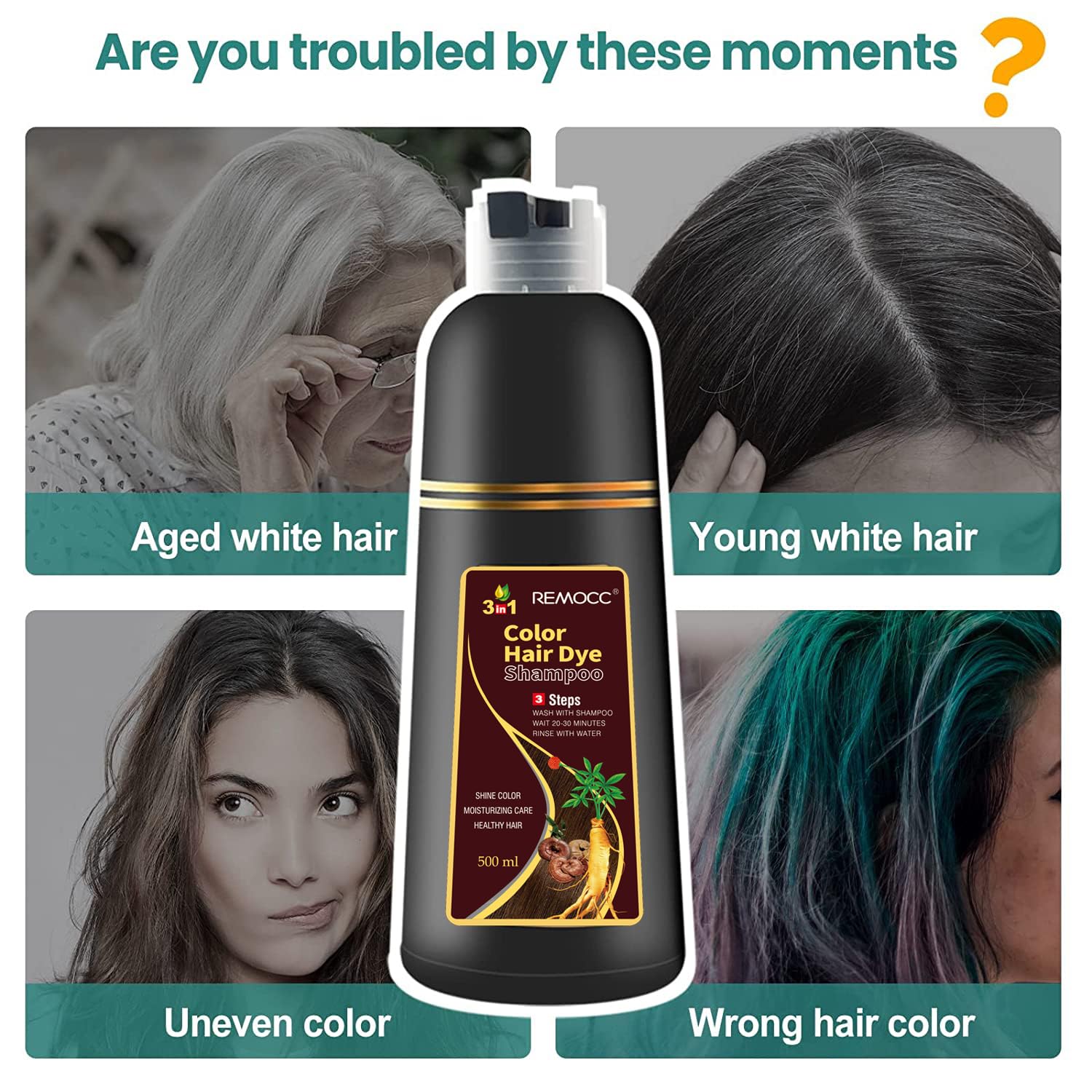 Remocc Instant Brown Hair Dye Shampoo – 3-in-1 Gray Coverage, Herbal 500ml