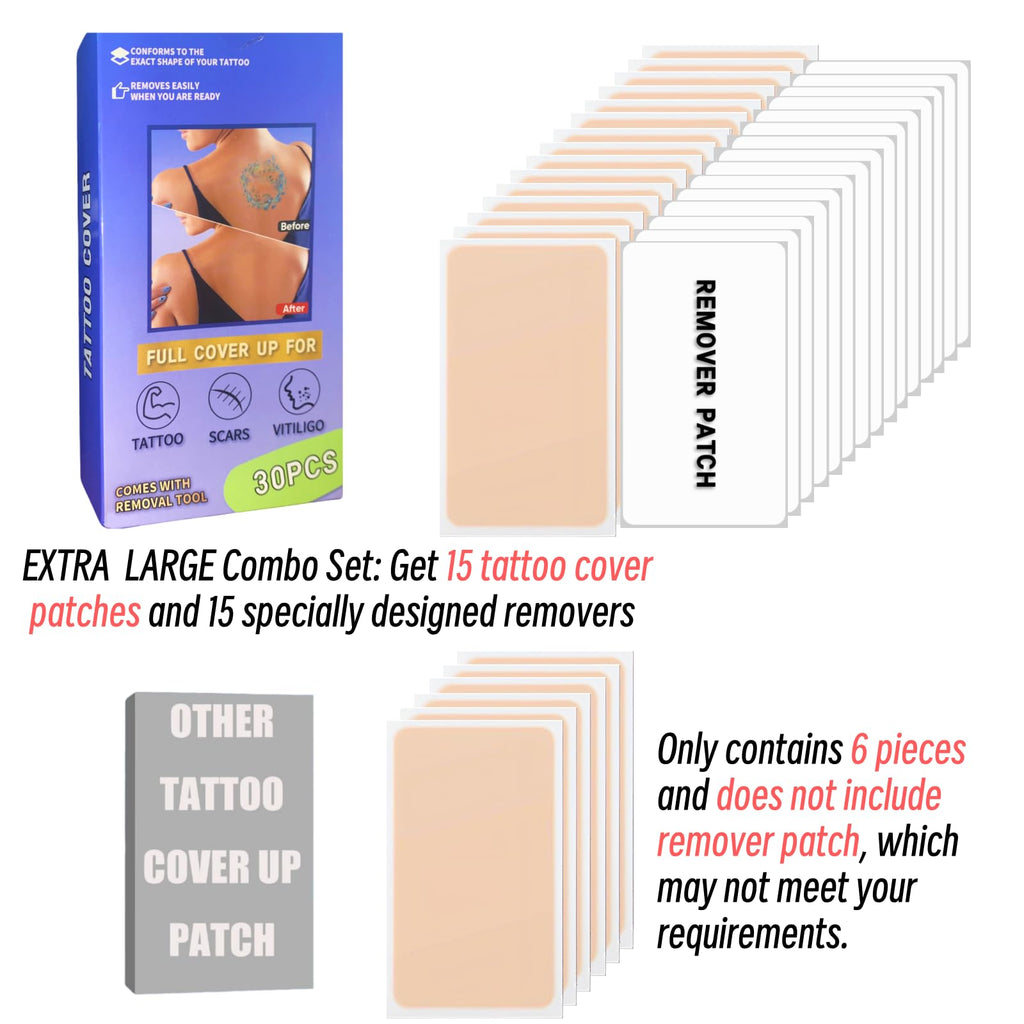 Tattoo Cover Up Patch Kit — 15 Patches + 15 Remover Stickers, Water-Resistant, Ultra-Thin Concealer
