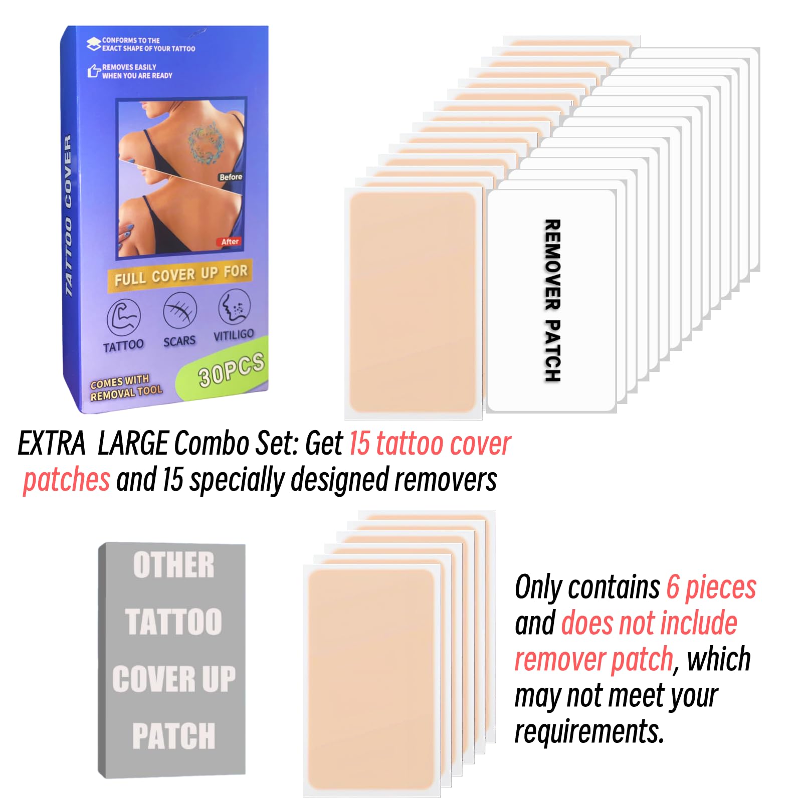 Tattoo Cover Up Patch Kit — 15 Patches + 15 Remover Stickers, Water-Resistant, Ultra-Thin Concealer