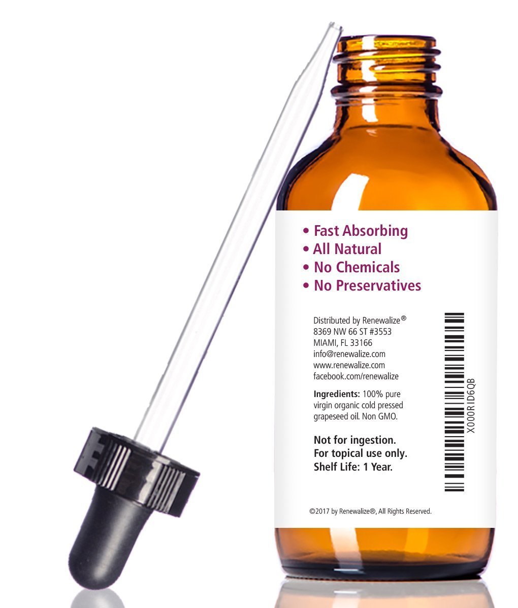 Renewalize Organic Grapeseed Oil – Anti-Aging Moisturizer & Facial Cleanser, 4 oz Glass Bottle, Cold-Pressed & Unrefined