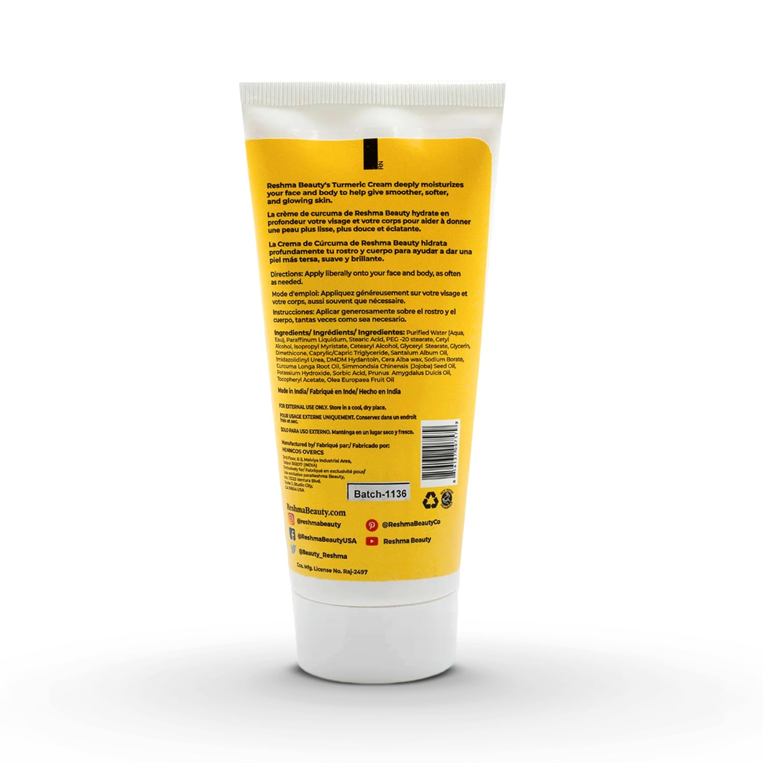 Reshma Beauty Turmeric Cream – Hydrating Face & Body for Normal to Dry Skin, Dye-Free, 5.07 oz