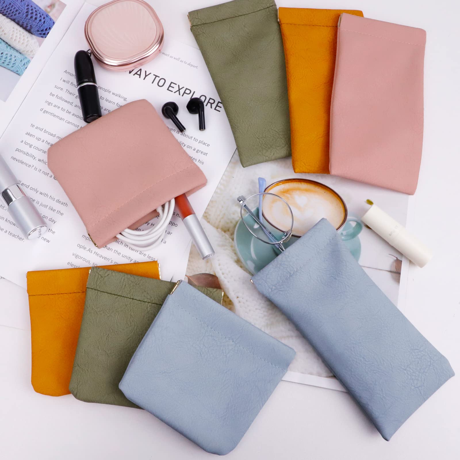 RETON 8 Pcs Small Makeup Bag & Glasses Case Set – Waterproof, No-Zip Squeeze Top Pouches for Women