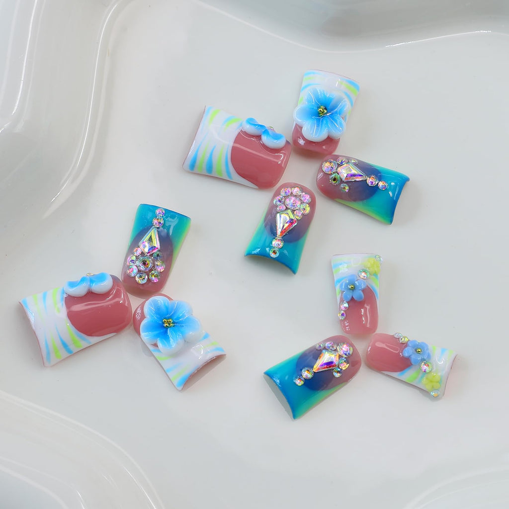 10Pcs Blue Flower Press On Nails - Handmade Short Duck Design with 3D Rhinestones