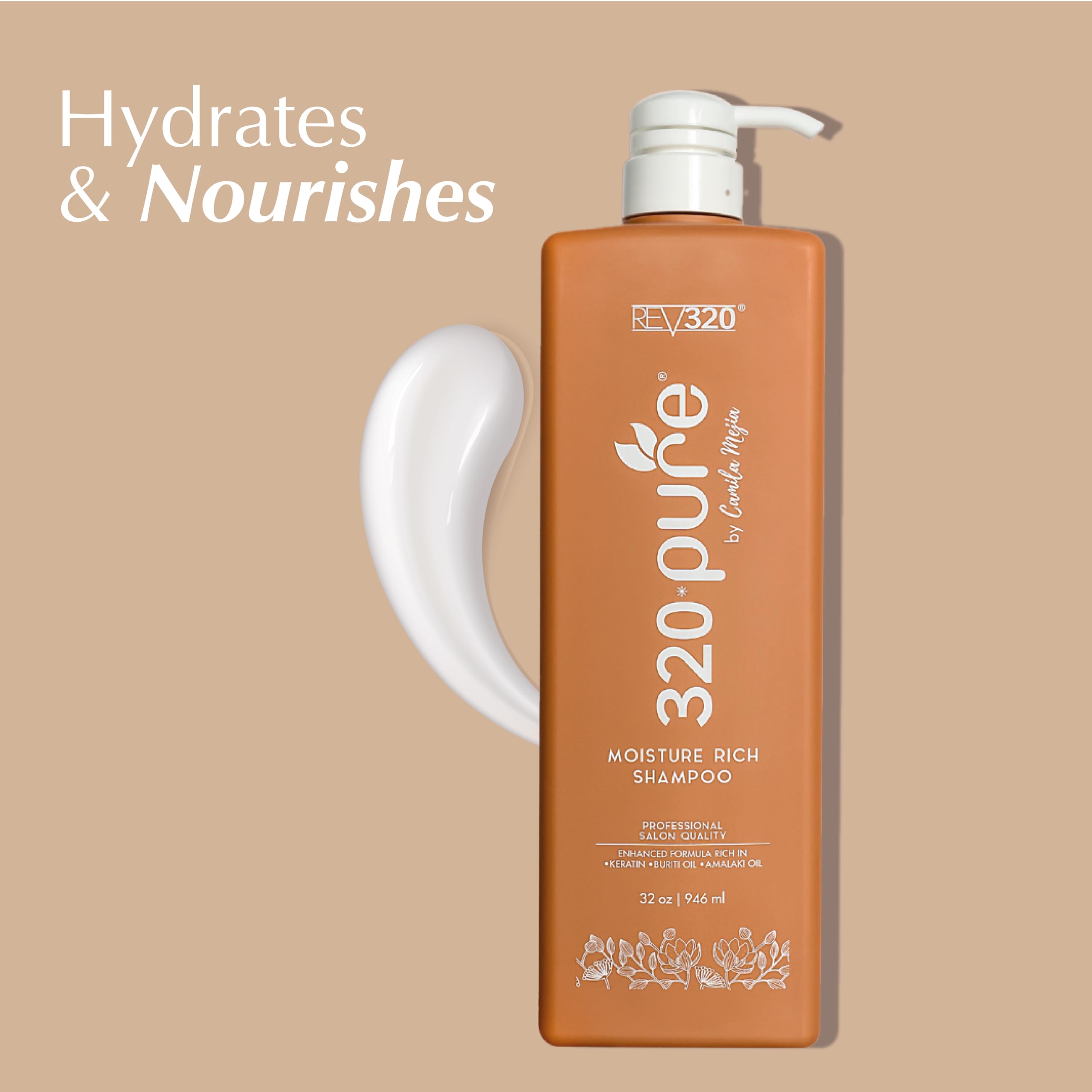 Rev320 320Pure Moisture Rich Shampoo — Nourishes & Repairs All Hair Types (32oz) with Argan Oil & Keratin-Omega