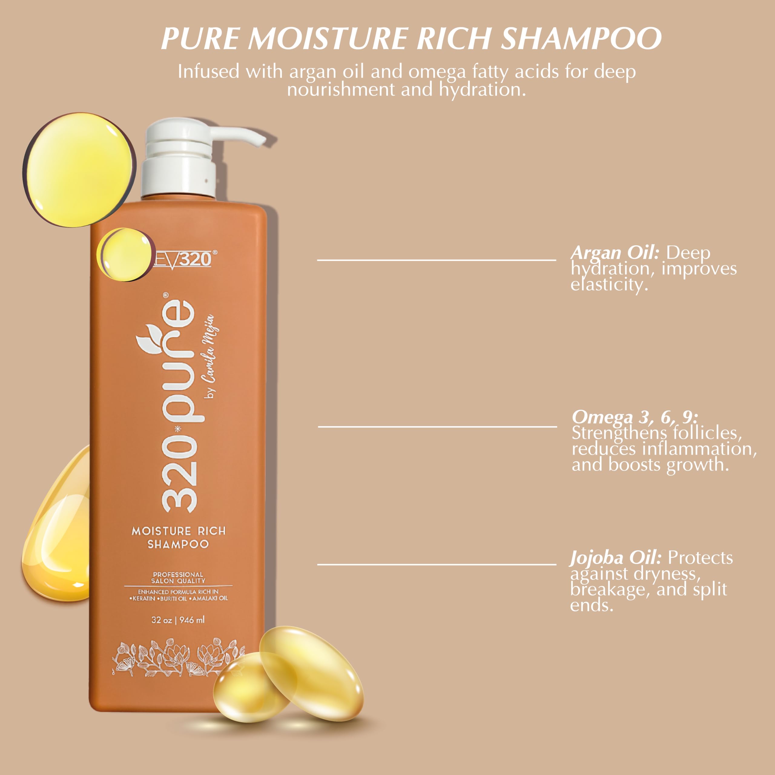 Rev320 320Pure Moisture Rich Shampoo — Nourishes & Repairs All Hair Types (32oz) with Argan Oil & Keratin-Omega