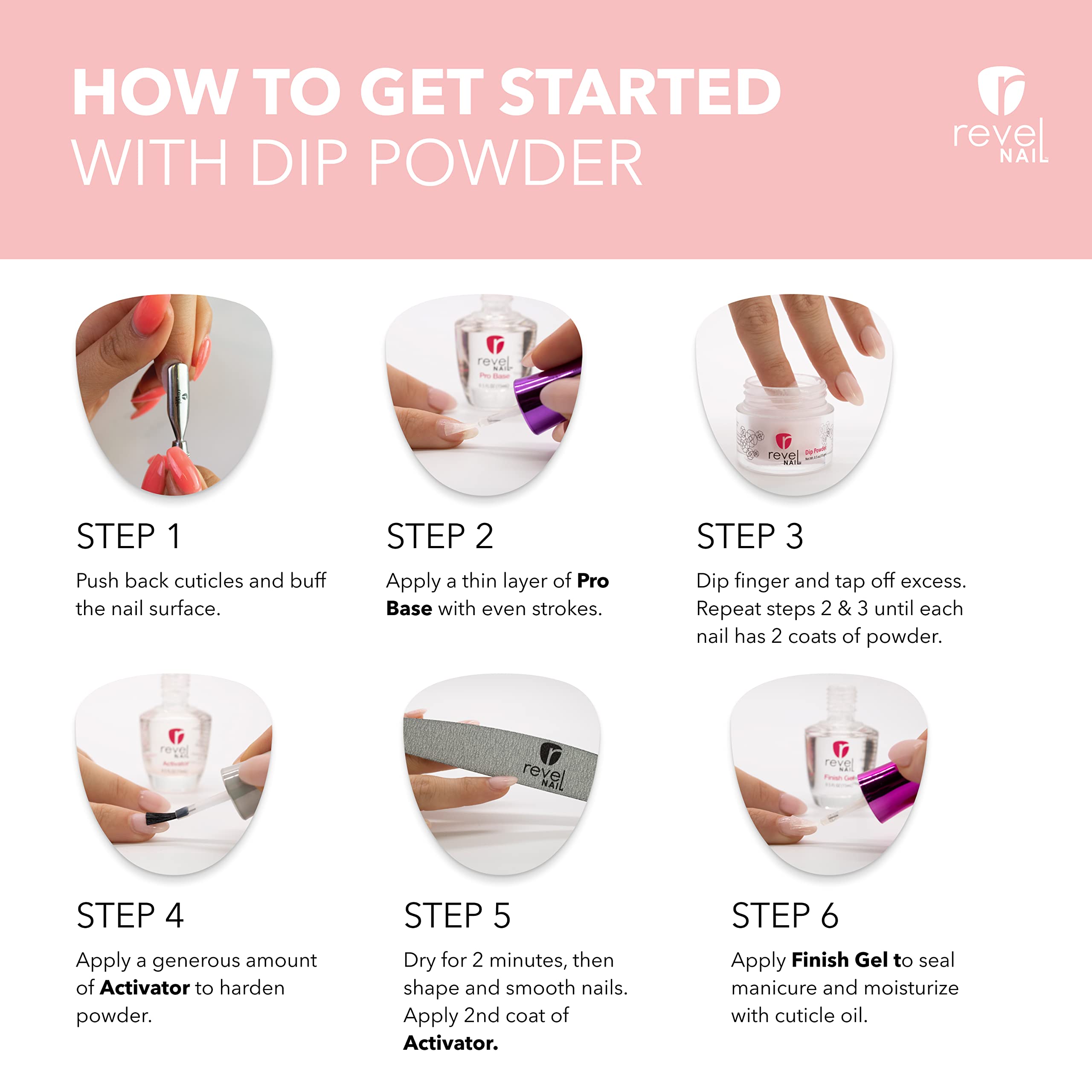 Revel Nail Dip Powder Starter Kit — 4-Color French Manicure Set with Base Coat, Activator, Finish Gel & Gel Thinner | Made in USA