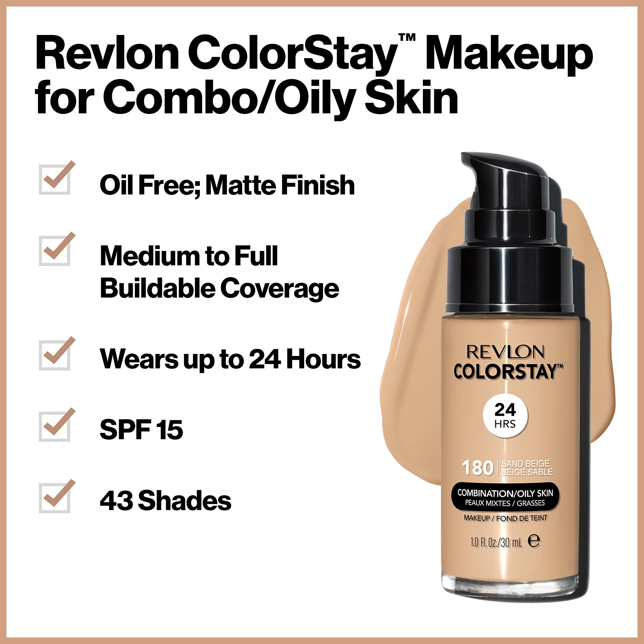 Revlon ColorStay Liquid Foundation for Combination & Oily Skin – SPF 15, Walnut 500, 1 oz | Longwear Matte Finish