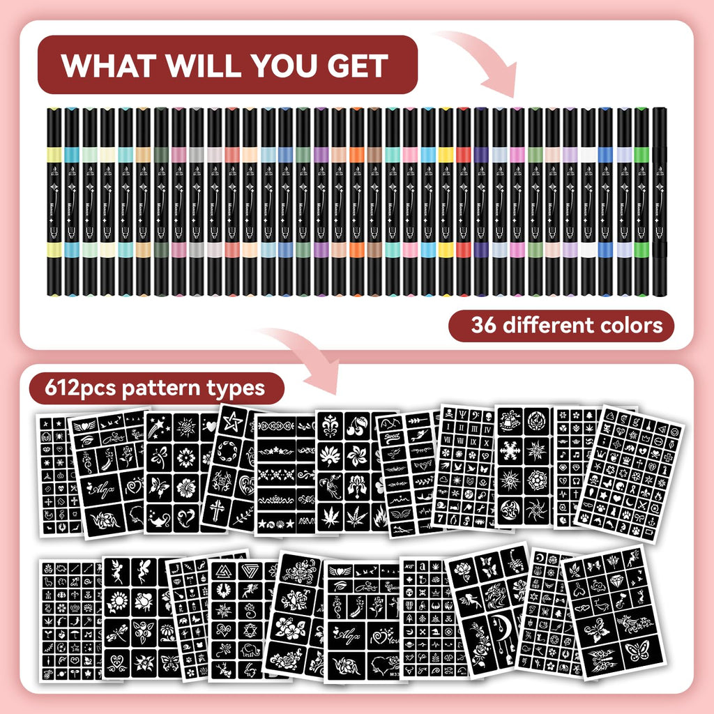 RFENLY Temporary Tattoos Markers – 36 Colors, 612 Stencils, Dual-End Pens