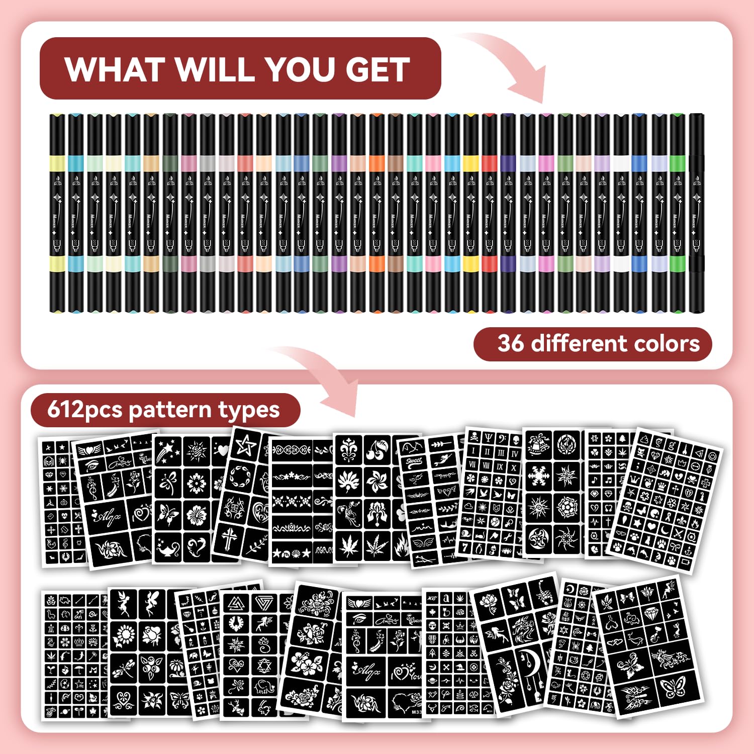 RFENLY Temporary Tattoos Markers – 36 Colors, 612 Stencils, Dual-End Pens