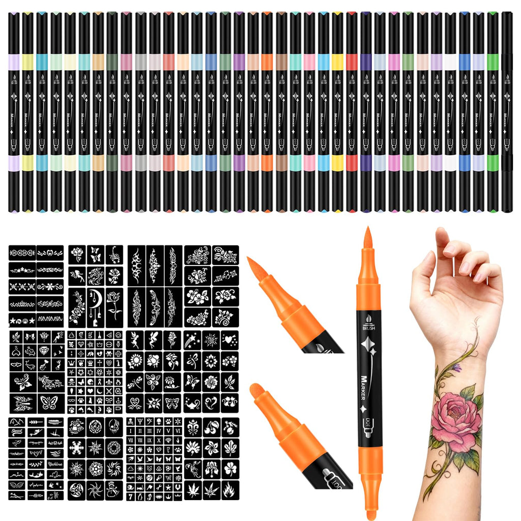 RFENLY Temporary Tattoos Markers – 36 Colors, 612 Stencils, Dual-End Pens
