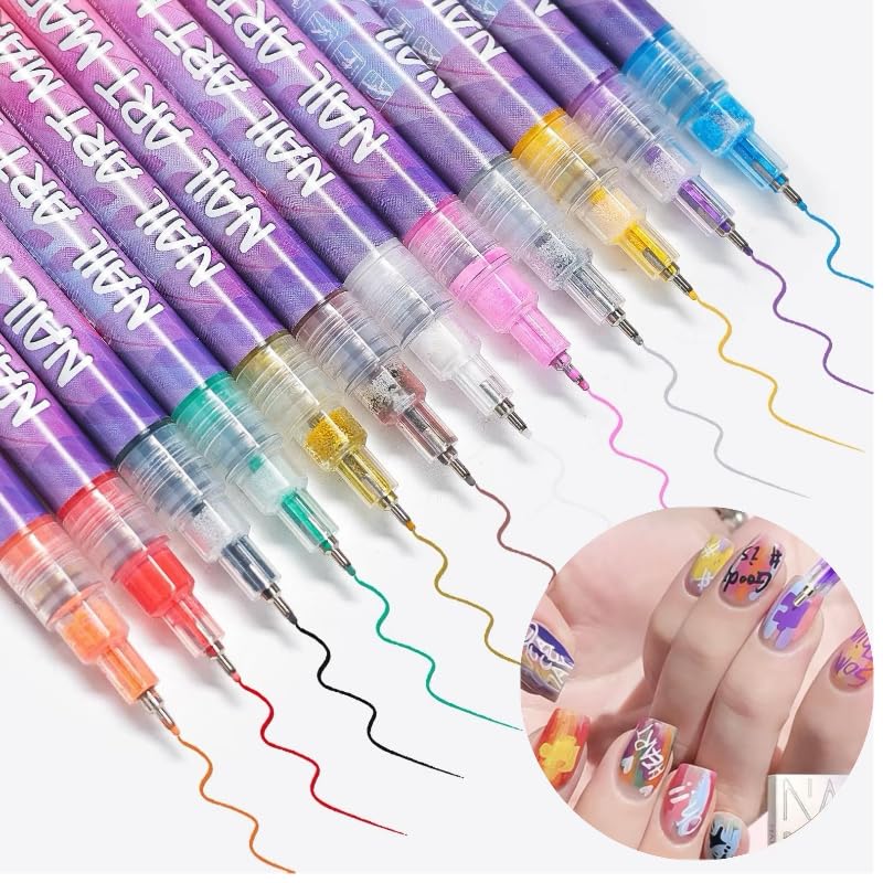 Ricishiy 12 Colors Nail Art Pens Set – 3D Nail Art, DIY Manicure Tools