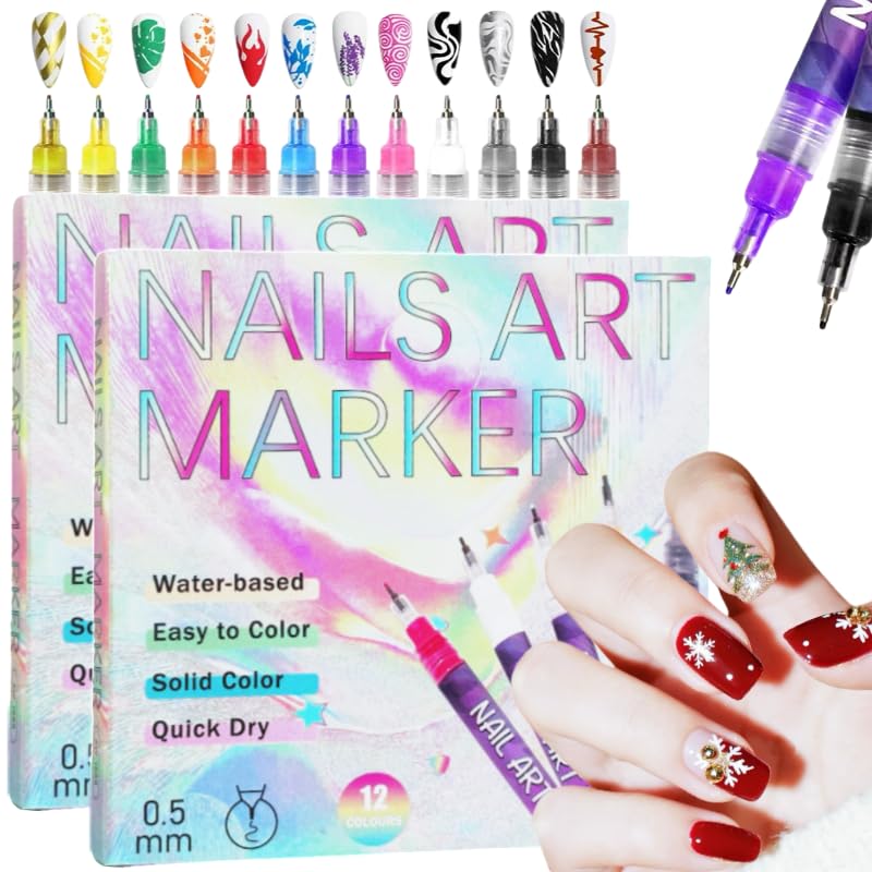 Ricishiy 12 Colors Nail Art Pens Set – 2 Boxes, 24 Colors, 3D Nail Art & DIY Manicure Tools