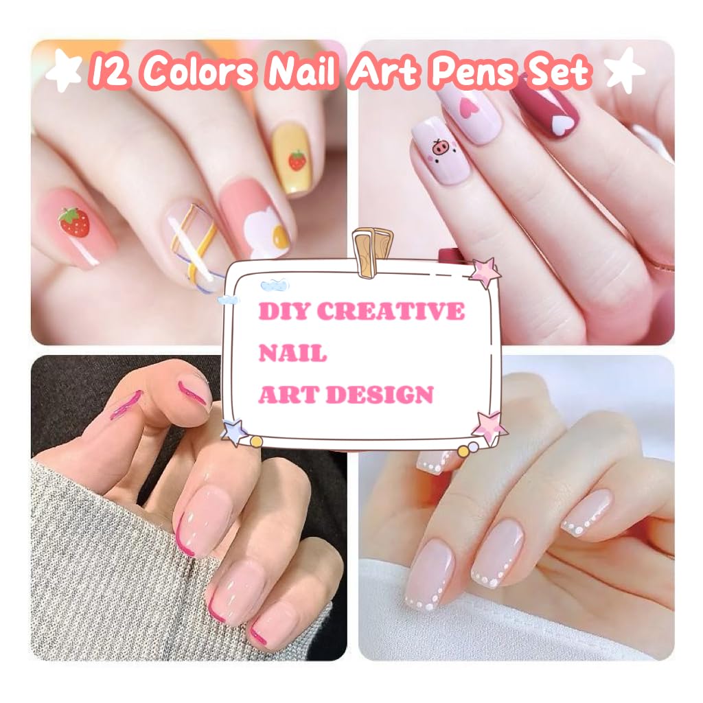 Ricishiy 12 Colors Nail Art Pens Set – 3D Nail Art, DIY Manicure Tools