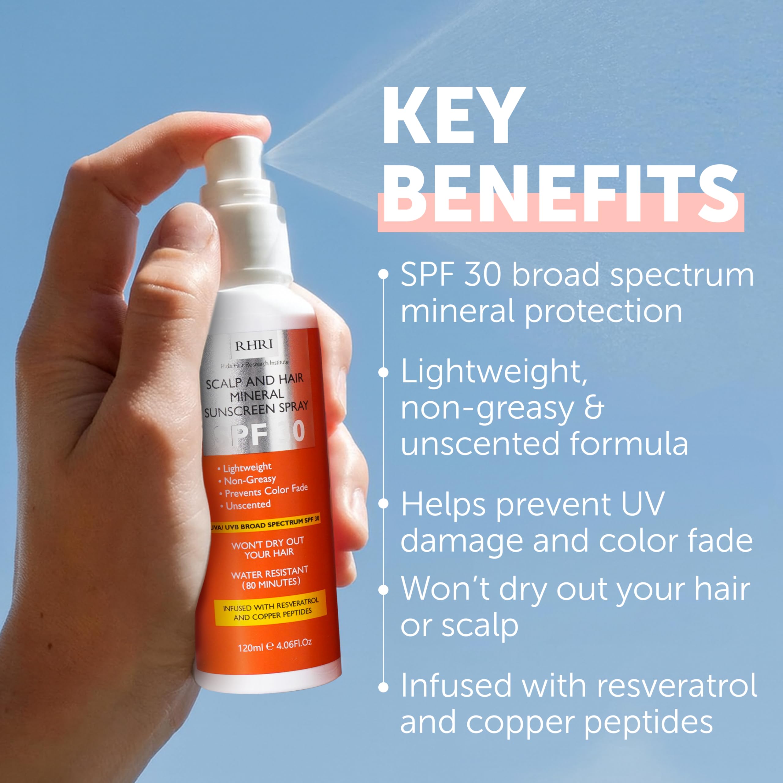 Rida Hair Research Institute Premium SPF 30 Hair Sunscreen Spray | Non-Greasy UV Protection for Hair & Scalp | Travel-Size 4 oz / 120 ml