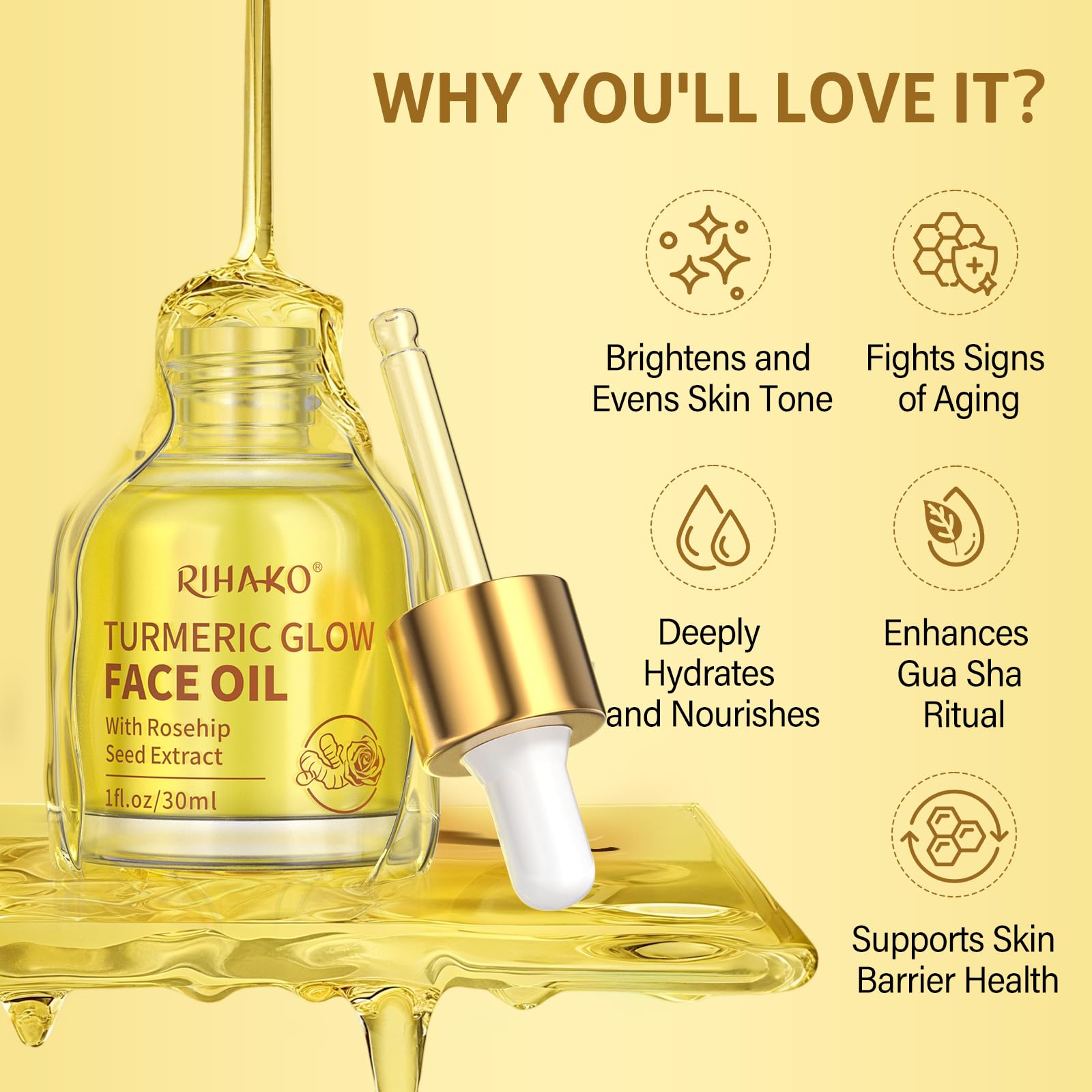 RIHAKO Turmeric Rosehip Face Oil for Gua Sha – Hydrating Anti-Aging Glow
