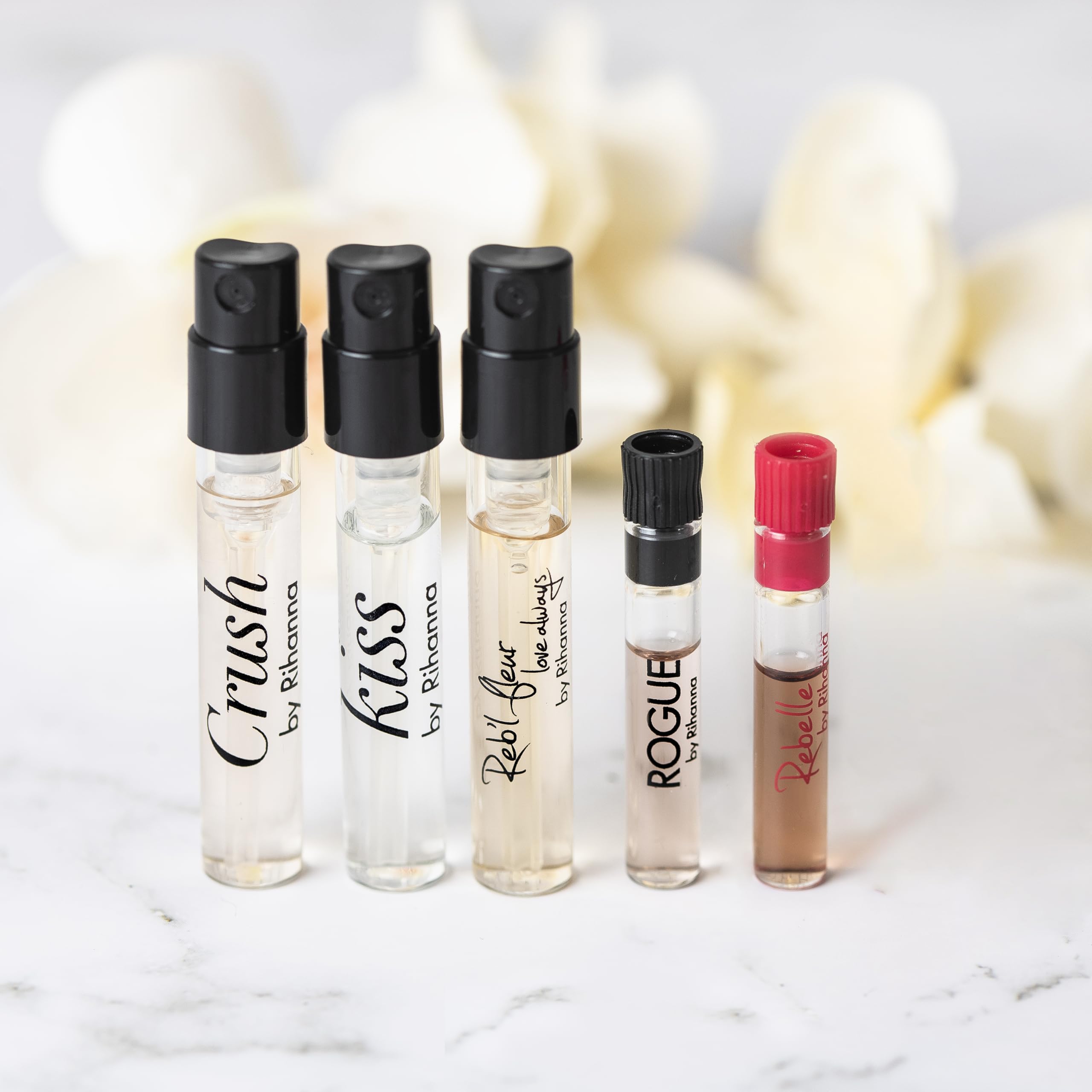 5 Rihanna Perfume Samples for Women: Crush, Reb'l Fleur, Kiss, Rogue, Rebelle | Sample Vial Set