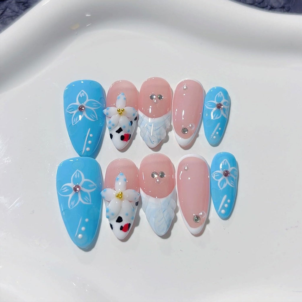 RIICFDD 10 Pcs Blue French Almond Press-On Nails – 5D Flower Art, Reusable Thick Gel Nails (Size S)