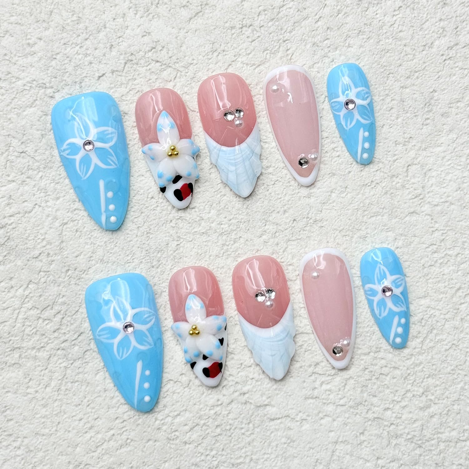 RIICFDD 10 Pcs Blue French Almond Press-On Nails – 5D Flower Art, Reusable Thick Gel Nails (Size S)