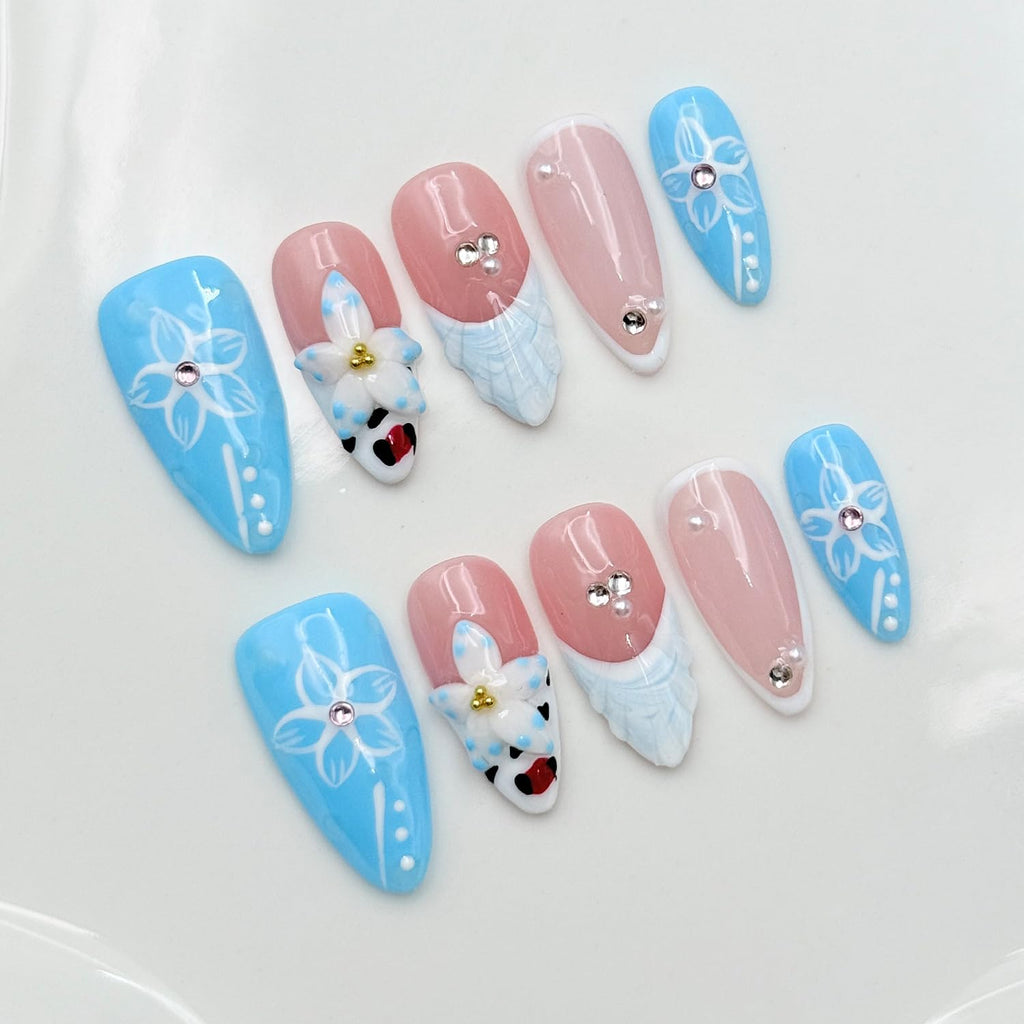 RIICFDD 10 Pcs Blue French Almond Press-On Nails – 5D Flower Art, Reusable Thick Gel Nails (Size S)