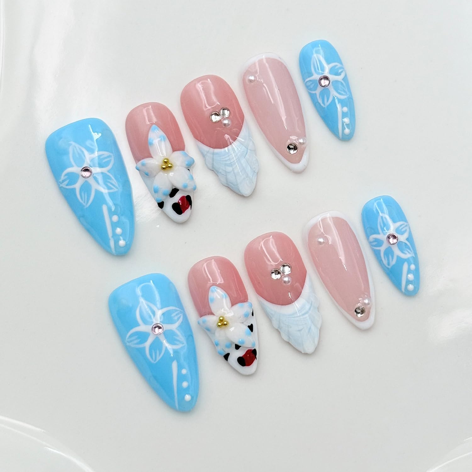 RIICFDD 10 Pcs Blue French Almond Press-On Nails – 5D Flower Art, Reusable Thick Gel Nails (Size S)