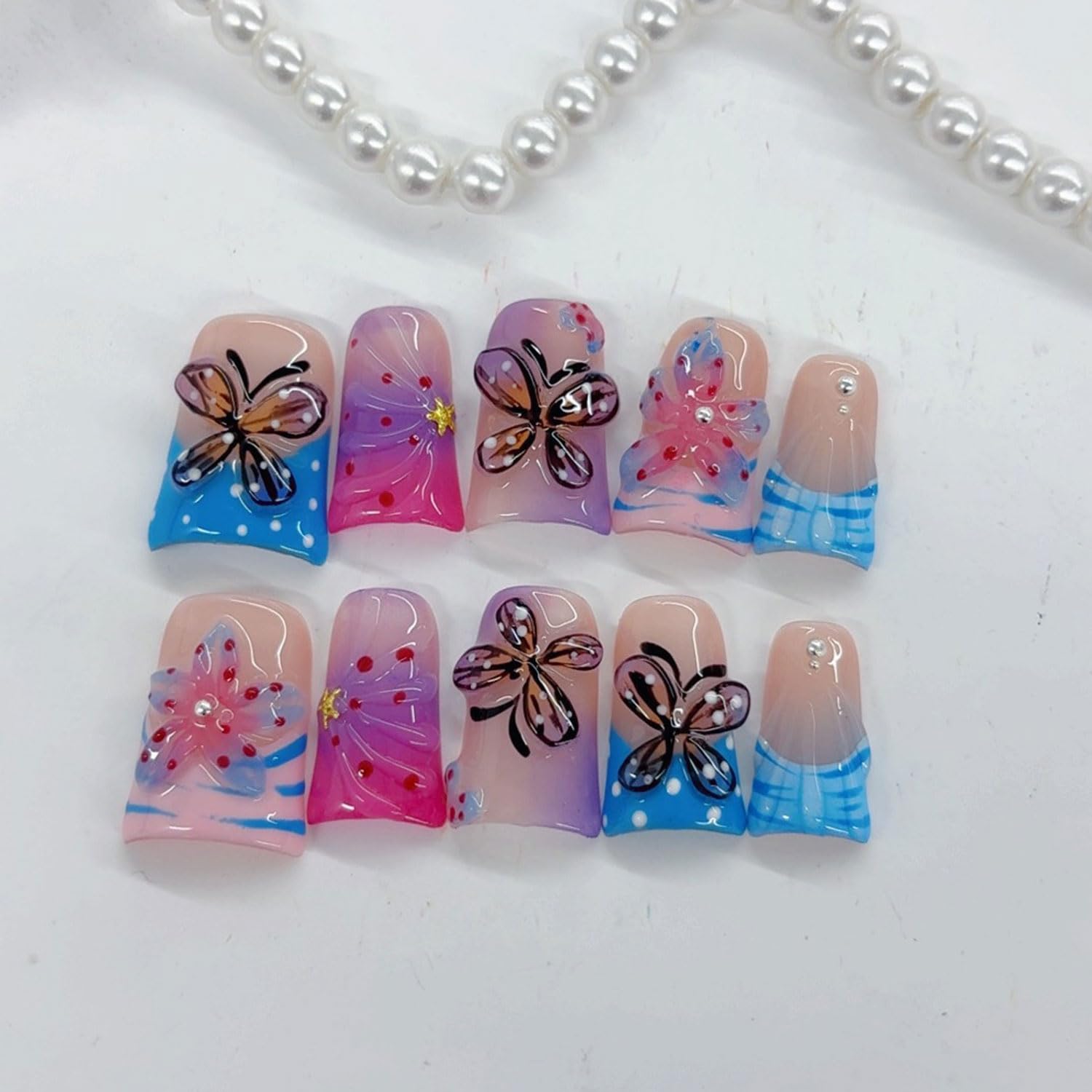 RIICFDD 10 Pcs Handmade Press-On Nails with Glue – Butterfly Flower Design