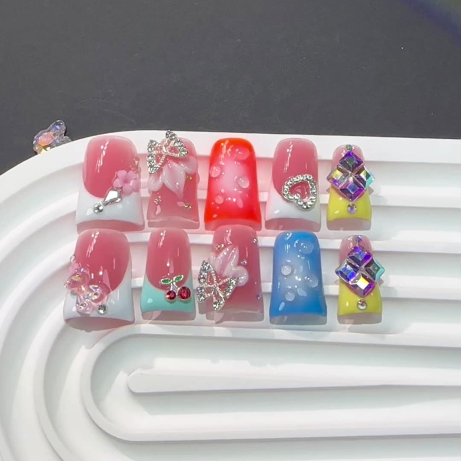 RIICFDD French Press Nails – Orange Duck Nails with 5D Flower Art & Rhinestones (Size S)