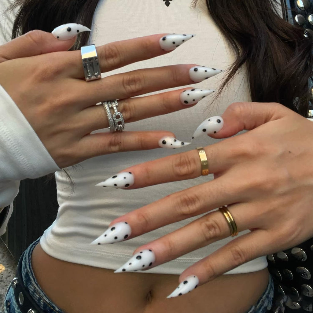 RIICFDD 10 Pcs Thick Press-On Nails White Stiletto – Reusable, Polka Dot Design