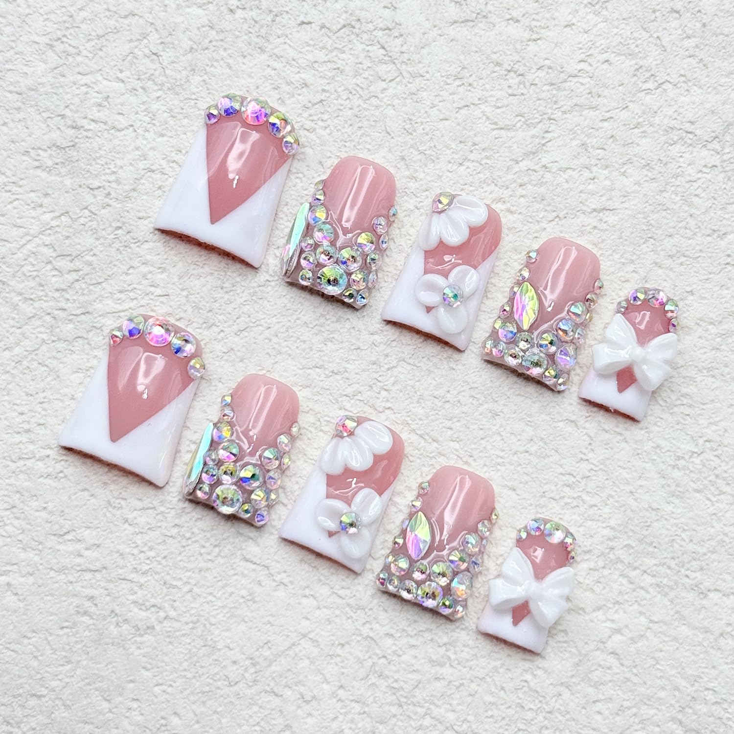 RIICFDD Luxury Rhinestone Medium Duck Press-On Nails – Nude 5D Flower Art & White French