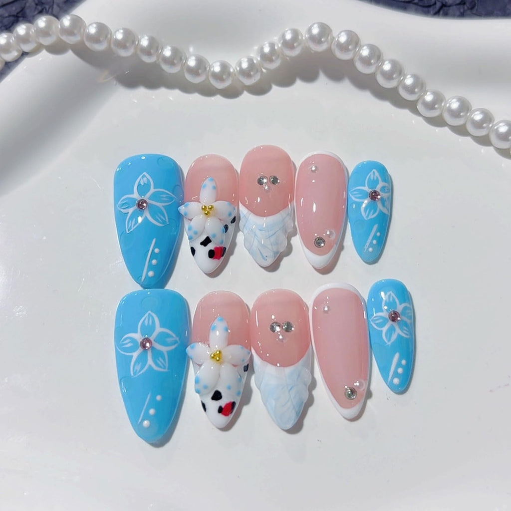 RIICFDD 10 Pcs Blue French Almond Press-On Nails – 5D Flower Art, Reusable Thick Gel Nails (Size S)