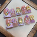 RIICFDD Handmade Press On Nails Duck Medium – Reusable 10 Pcs Velvet Floral Pink French Tips