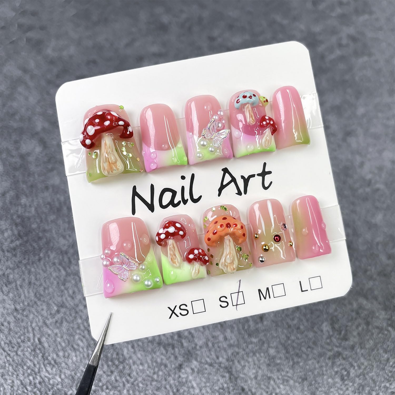 RIICFDD Luxury Handmade Press-On Nails – Medium Duck with 3D Mushroom Art (Size S)