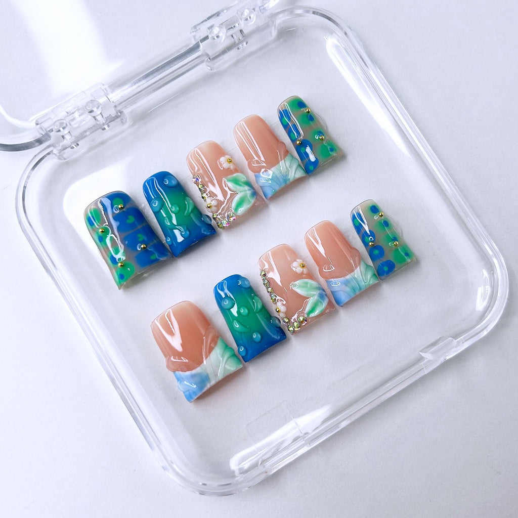 RIICFDD Handmade Duck Press on Nails – Medium 3D Flower Rhinestones Full Cover Kit (10 Nails)
