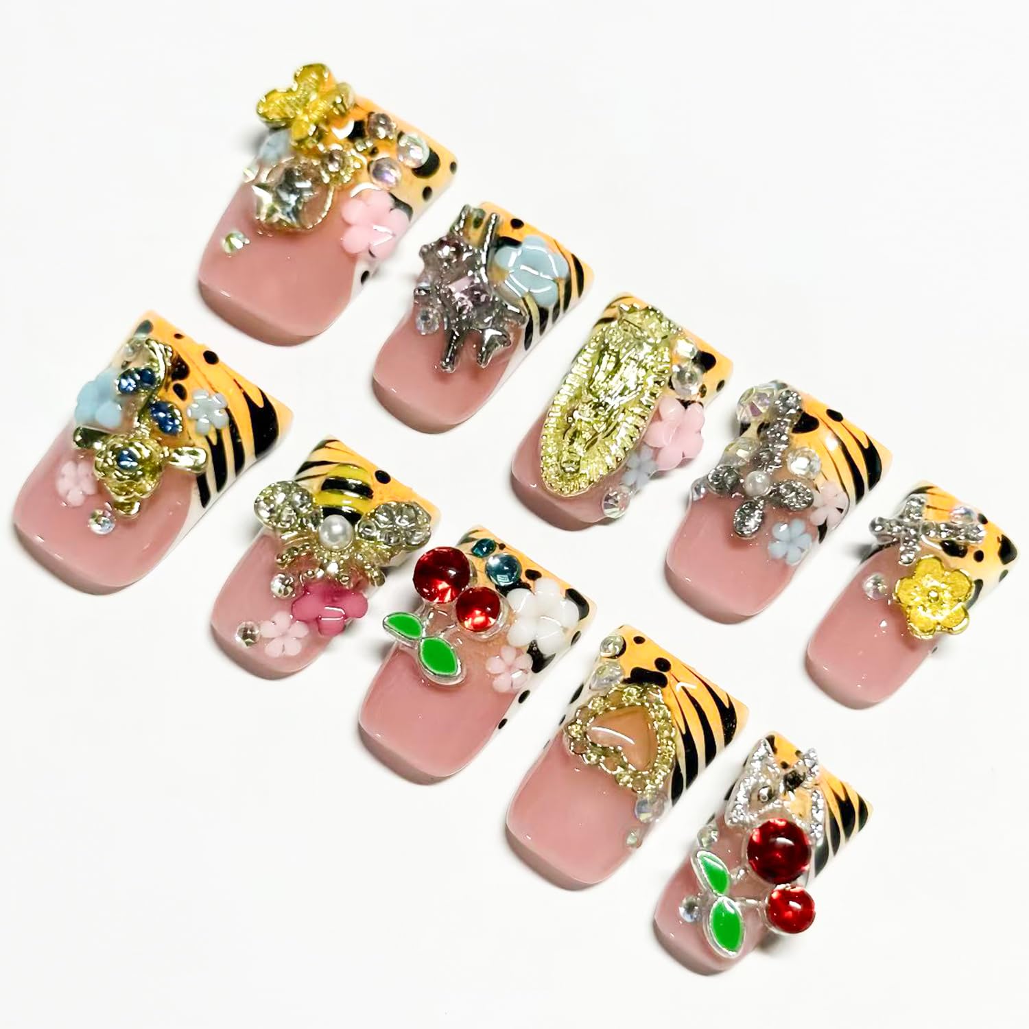 RIICFDD 10 Pcs Duck Press-On Nails – Handmade French Tip with 3D Flowers, Butterfly & Leopard Print (Glossy)