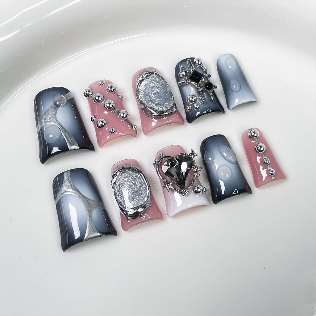 RIICFDD 10 Pcs Duck Press-On Nails – Blue-White Gradient with Rhinestone Hearts, Medium