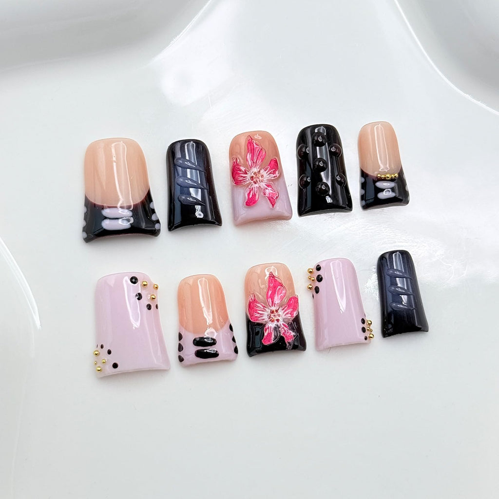 RIICFDD 10 Pcs Handmade Duck Press-On Nails – 3D Flower Gold Pearl Design (Size M)