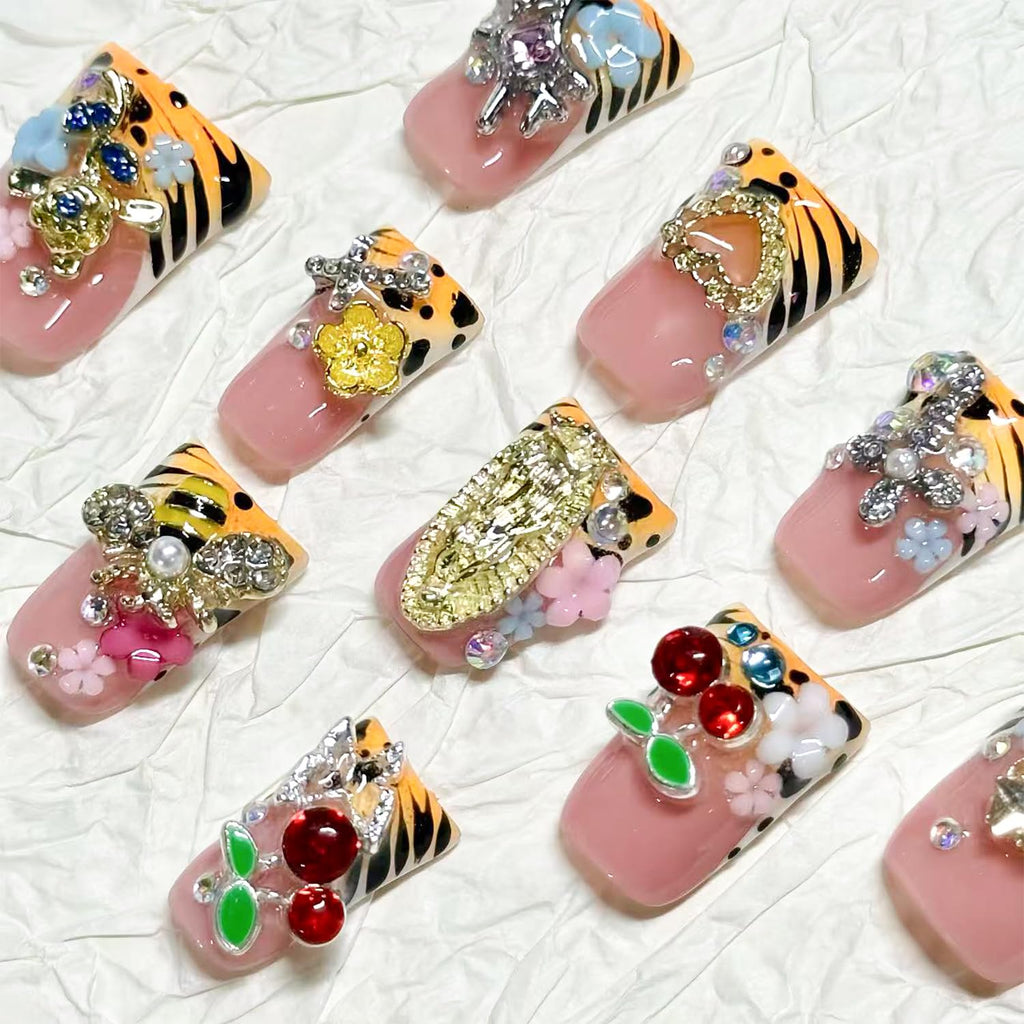 RIICFDD 10 Pcs Duck Press-On Nails – Handmade French Tip with 3D Flowers, Butterfly & Leopard Print (Glossy)