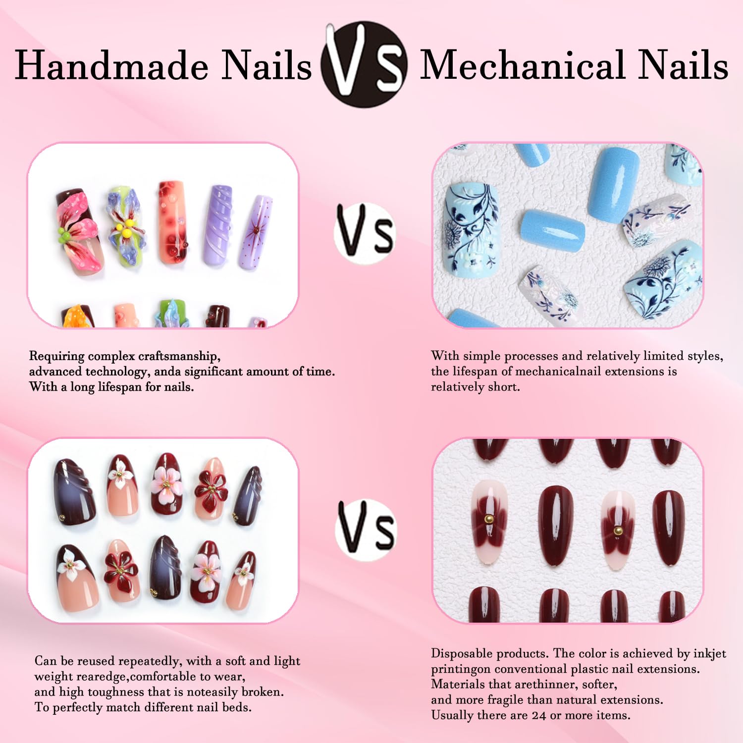RIICFDD 10 Pcs Handmade Duck Press-On Nails – 3D Flower Gold Pearl Design (Size M)