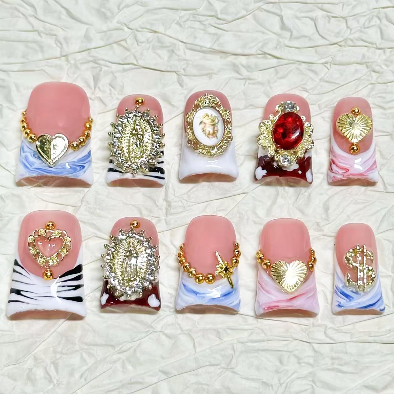 RIICFDD 10 Pcs Duck Press-On Nails Sea Waves Pink French Tip – 3D Golden Heart, Reusable Acrylic Kit